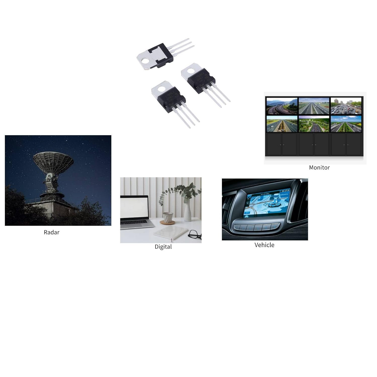 Collage of images showing various applications: radar systems, digital devices like laptops, vehicle electronics, and multi-monitor setups, implying the use of voltage regulators in these fields.