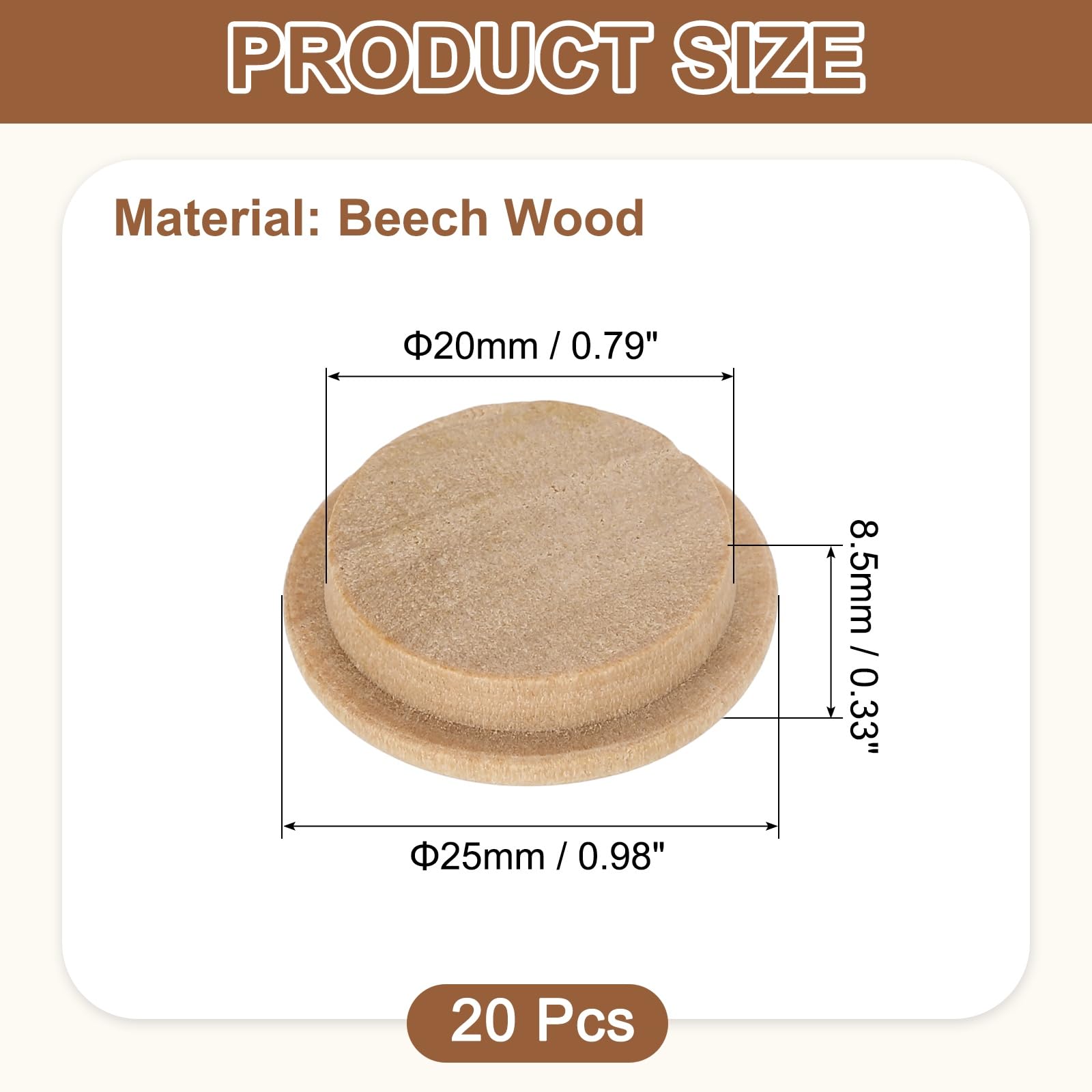 uxcell 20Pcs Wood Button Plugs, 20mm / 0.79