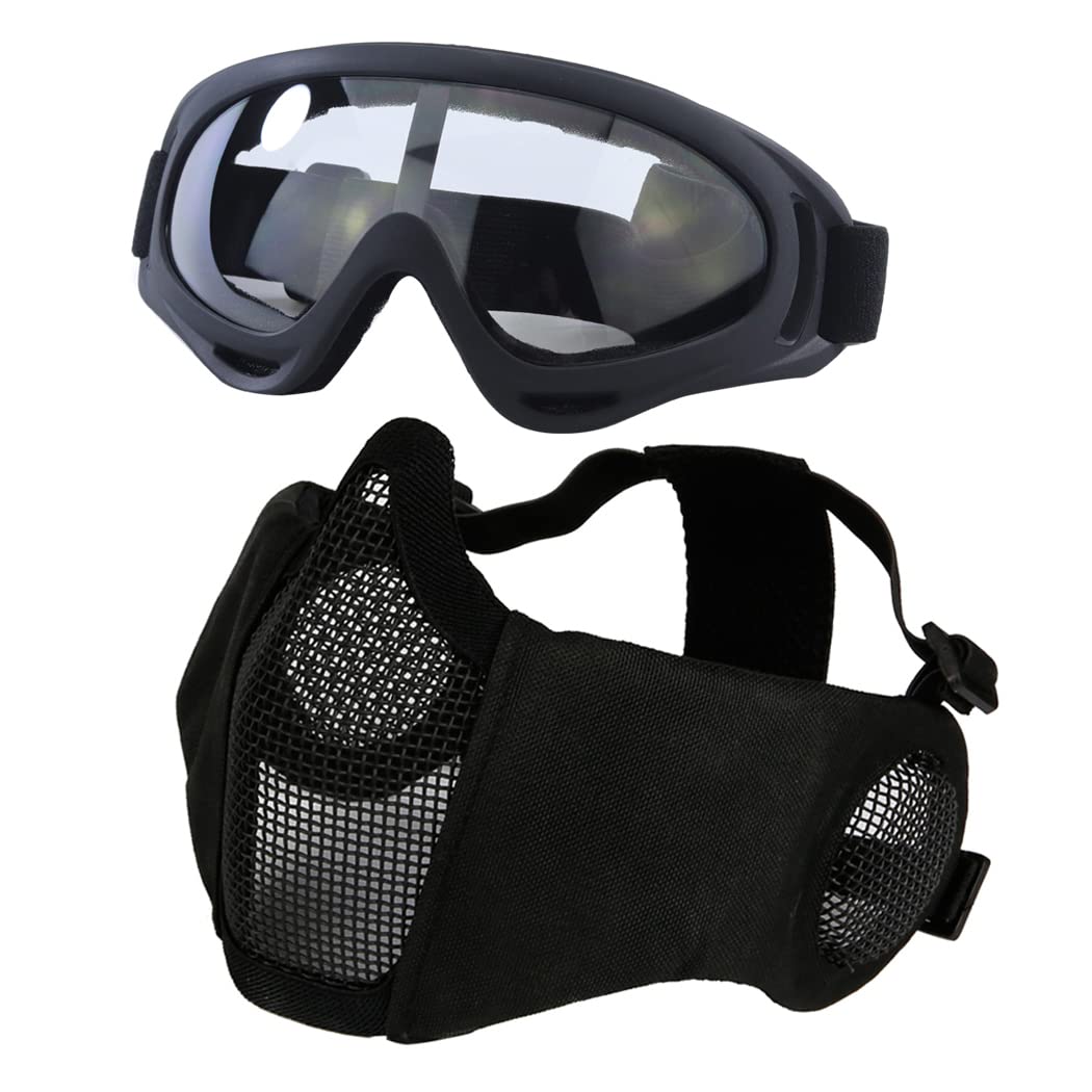 Yzpacc Airsoft Mask with Goggles, Foldable Half Face Airsoft Mesh Mask with Ear Protection for Paintball Shooting Cosplay CS Game