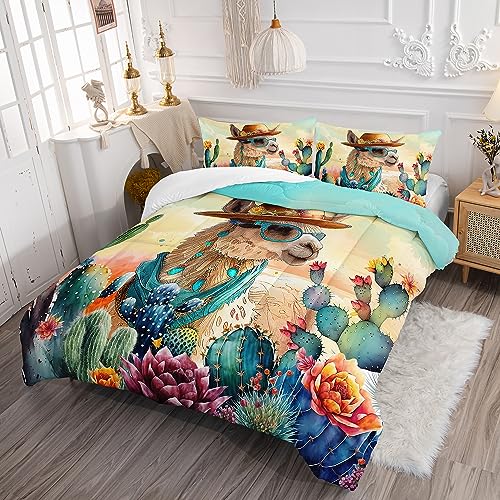 Ailonen Llama Bedding Queen Size Alpaca Comforter Set,Cactus Floral Duvet Set,3D Llama Alpaca Pattern Comforter Sets For Boys Girls, 1 Quilt And 2 Pillowcases thumb #1