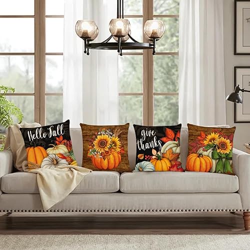 Miniatura 7 de YeeJu Juego de 4 fundas de almohada de otoño de 26 x 26 pulgadas, fundas de almohada de calabaza de Acción de Gracias, color naranja y negro, fundas