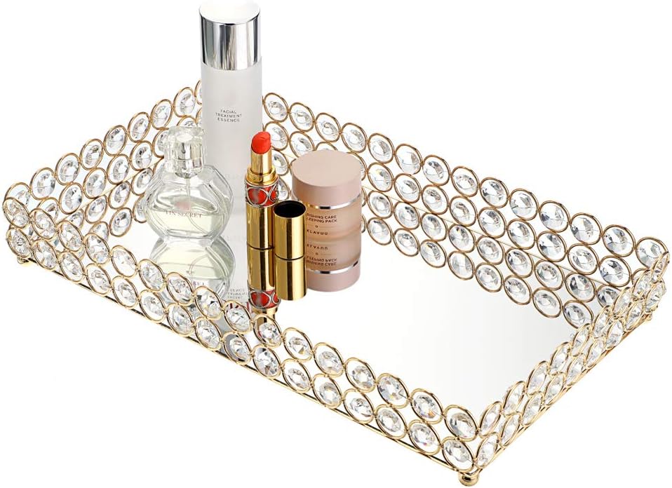 Hipiwe Crystal Cosmetic Vanity Tray, Mirrored Decorative Jewelry Organizer Tray for Perfume, Trinket, Makeup Display Dresser Home Decor (Large, Golden)