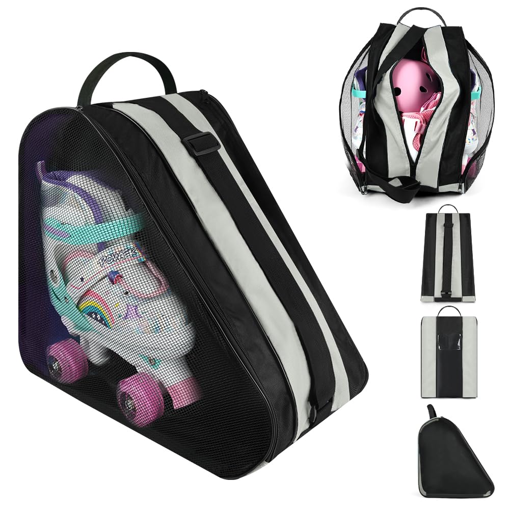 flintronic Roller Skate Bag, Ice Skates Storage Bag Unisex, Breathable Figure Skating Shoes Carry Bags, with Adjustable Shoulder Strap and Top Handle, for Storage Ice Skating Accessories (Silver)