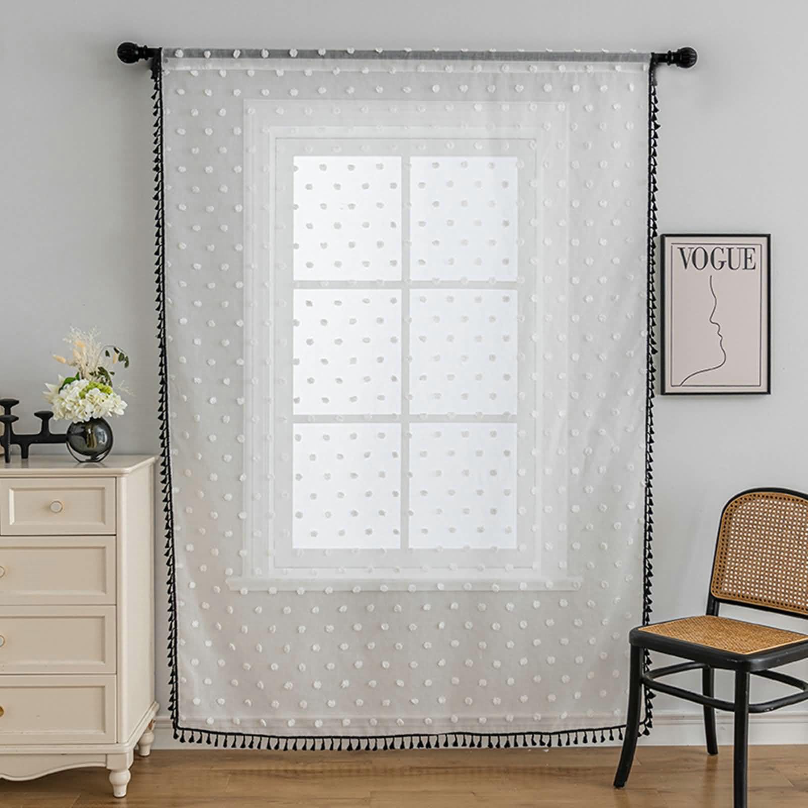 Gualiy Tende per Salotto Trasparenti, Tenda Camera Finestra 2 Pezzi 100x200CM con Pompon e Nappe Tenda Finestra Bianco Nero Tenda per Finestre a Vetro
