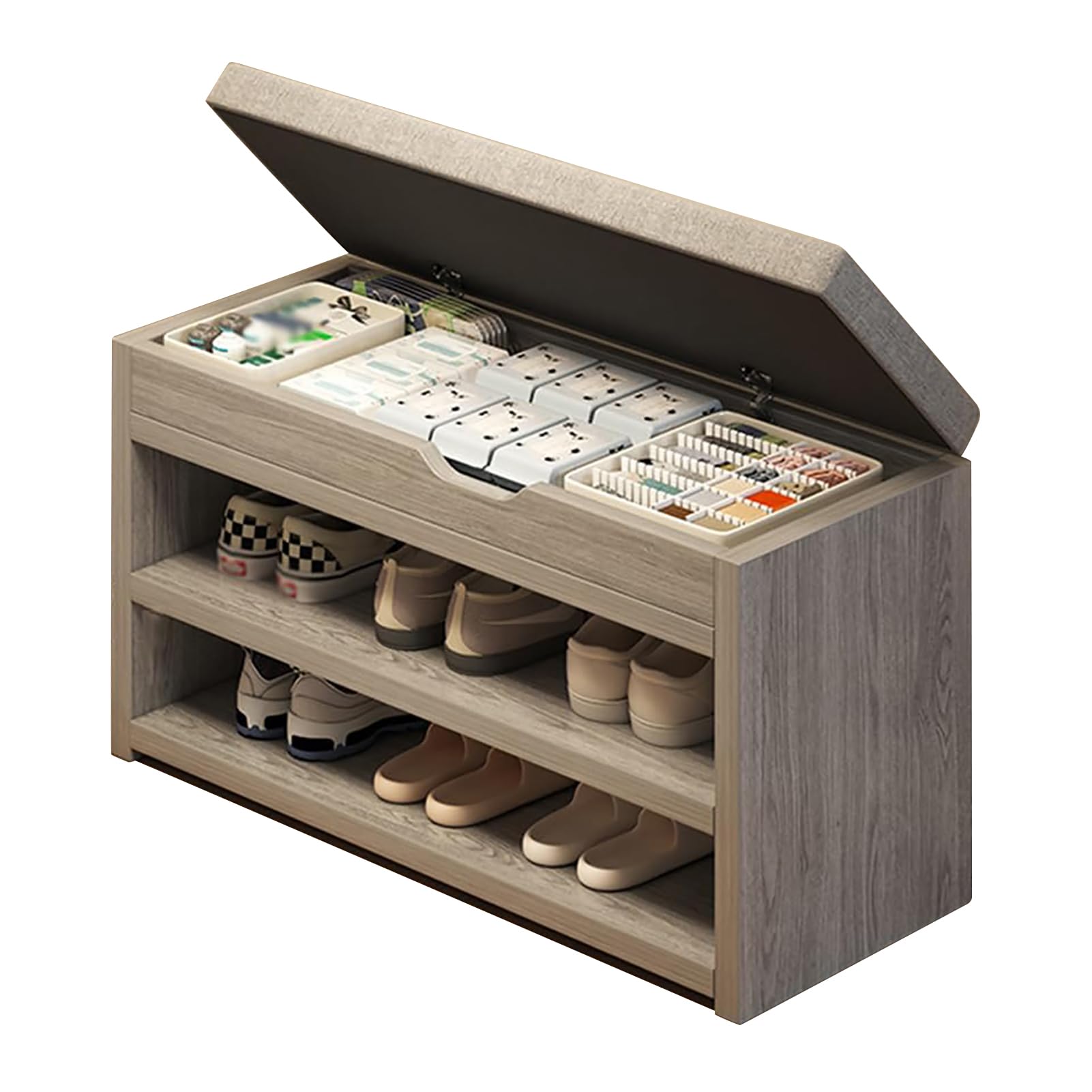 Banc à chaussures de 3 niveaux compact en bois pour optimiser les couloirs étroits