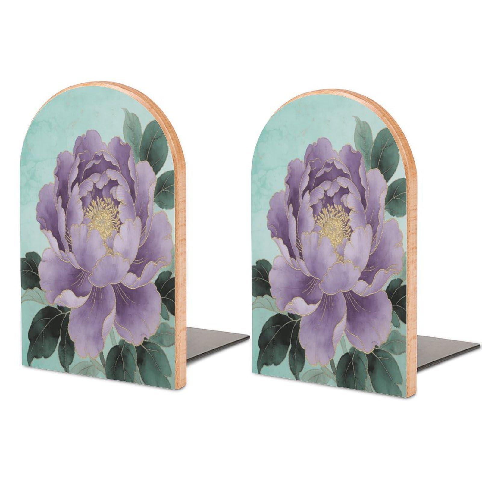 Sujetalibros de madera con picos verdes y flores moradas para estantes con diseño antideslizante