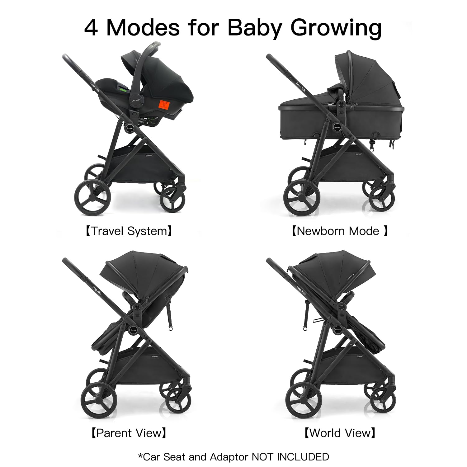 Gromast Cochecito 3 en 1, cochecito convertible para recién nacidos y niños pequeños con asiento reversible, capota con protección UPF 50+ y portavasos - Negro