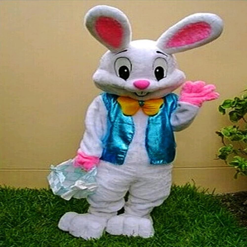 To.beone Easter Bunny Mascot Costume with Blue Vest and Yellow Bow Tie, Adult Size Rabbit Character Suit for Events and Parties