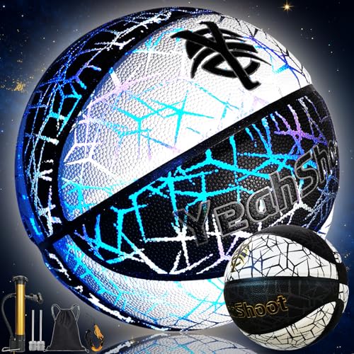 YeahShoot 7-Inch Glow Basketball - Reflective PU Basketball for Outdoor Training & Night Games A Great Gift for Enthusiasts! (BlackWhite Size 7/29.5)