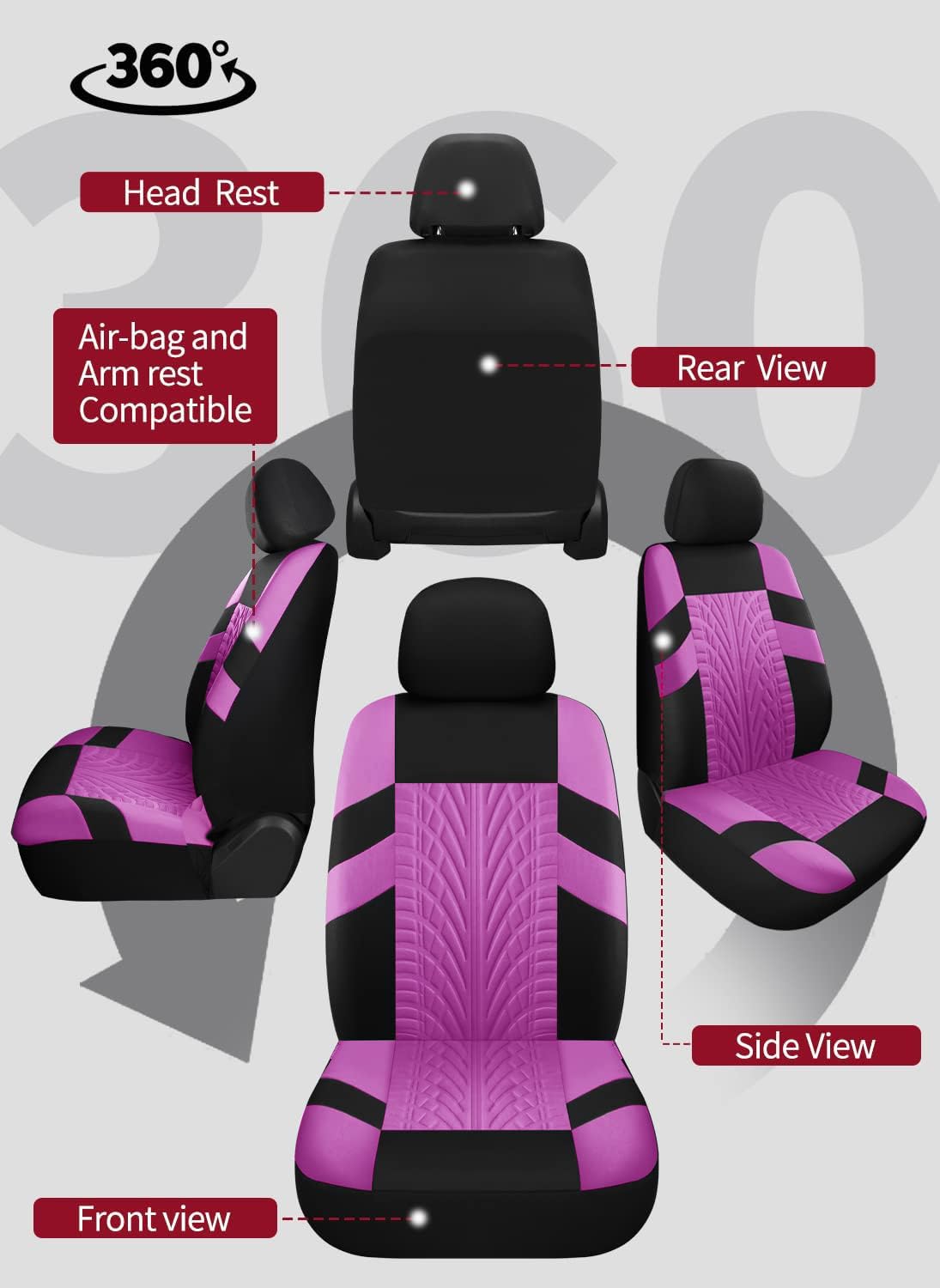 VarCozy Autositzbezüge, komplettes Set, Vordersitze und Geteilte Rückbank für Auto, Universal-Tuch, SUV, Limousine, Van, Auto-Innenbezüge, Airbag-kompatibel, Schwarz und Lila