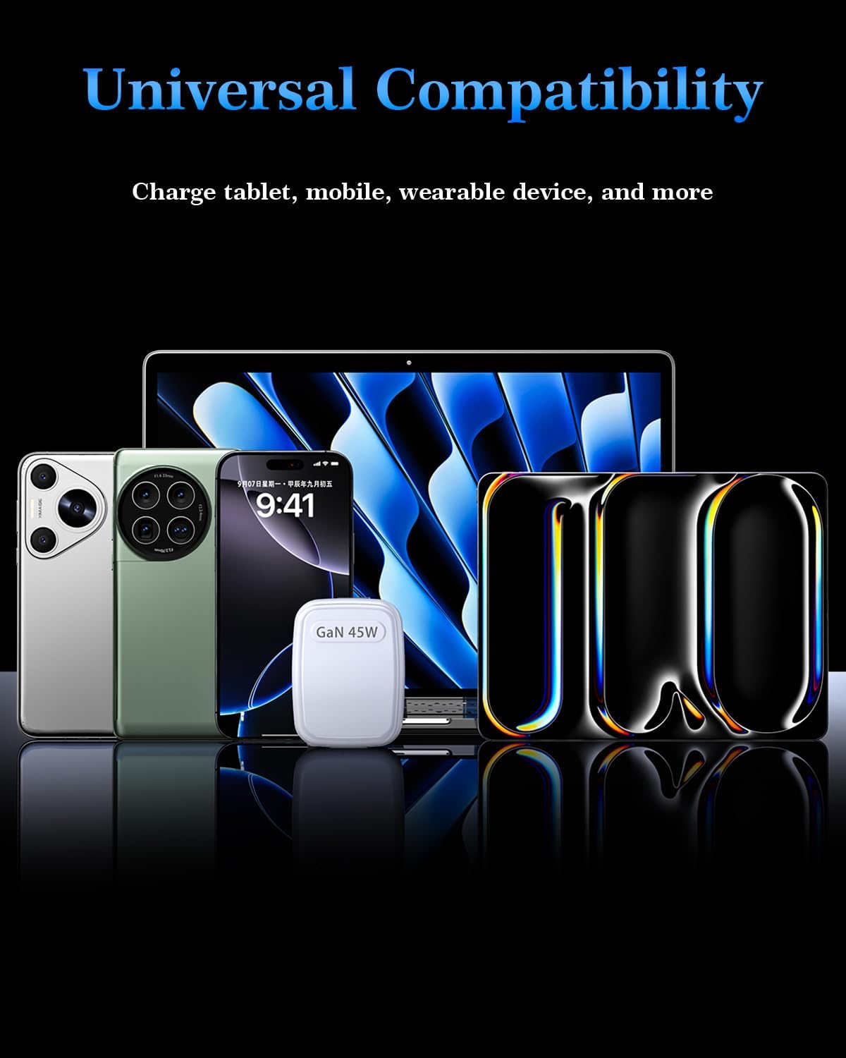 US 45watt GaN Portable Fast Charger with Type-C & Retractable Cable Foldable Plug, Compact & Lightweight for Travel, Altitude 5000m, Safe Low-Temp Charging for Phones/Tablets/Earbuds