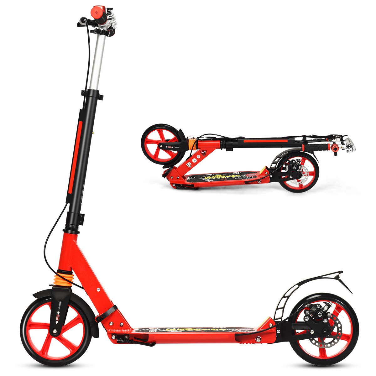 COSTWAY Folding Kick Scooter, 3 Heights Adjustable City Scooters with Big Wheels, Anti-Shocking Suspension and Carrying Strap, Lightweight Street Scooter for Kids, Teens and Adults (Red) — image 1