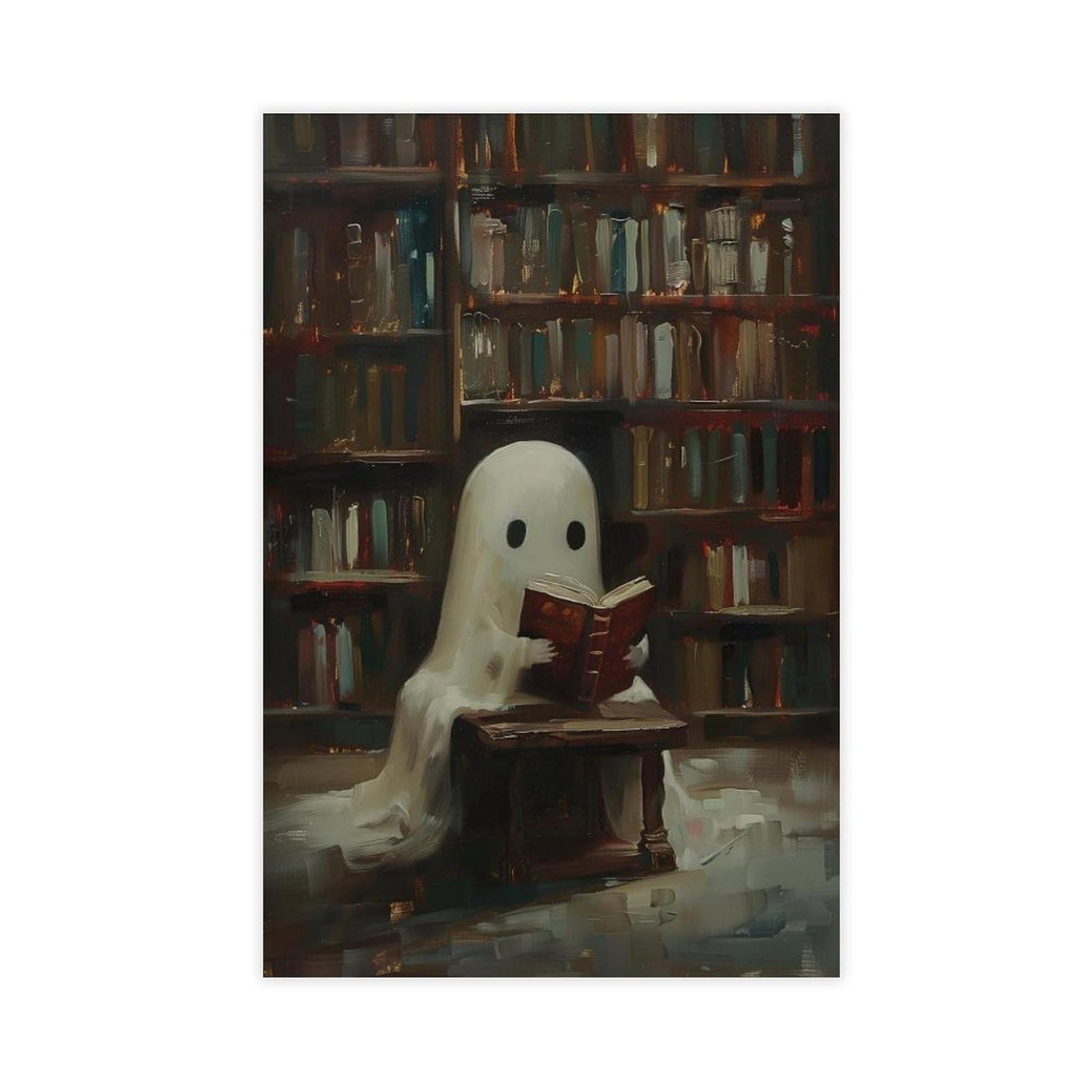 Oquajk Library Ghost Reading Canvas Poster Bedroom Decor Landscape Office Room Decor Gift 12X18inch(30X45cm)