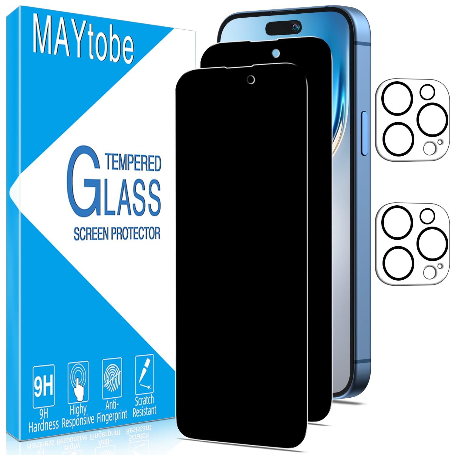 MAYtobe Protector Pantalla Privacidad para iPhone 15 Pro Max | 2+2 Unidades Cristal Vidrio Templado y Lente Cámara, Anti Espía, Antiarañazos, Sin Burbujas, Dureza 9H