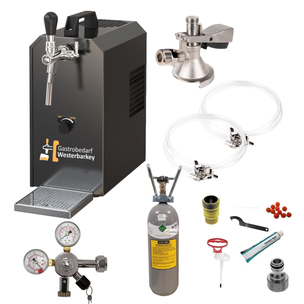 Zapfanlage Edelstahl 35 L/h von UPC Komplettset mit CO², Uhr, Schläuchen und Keg Flachkeg(A) 2kg + Reinigungsset