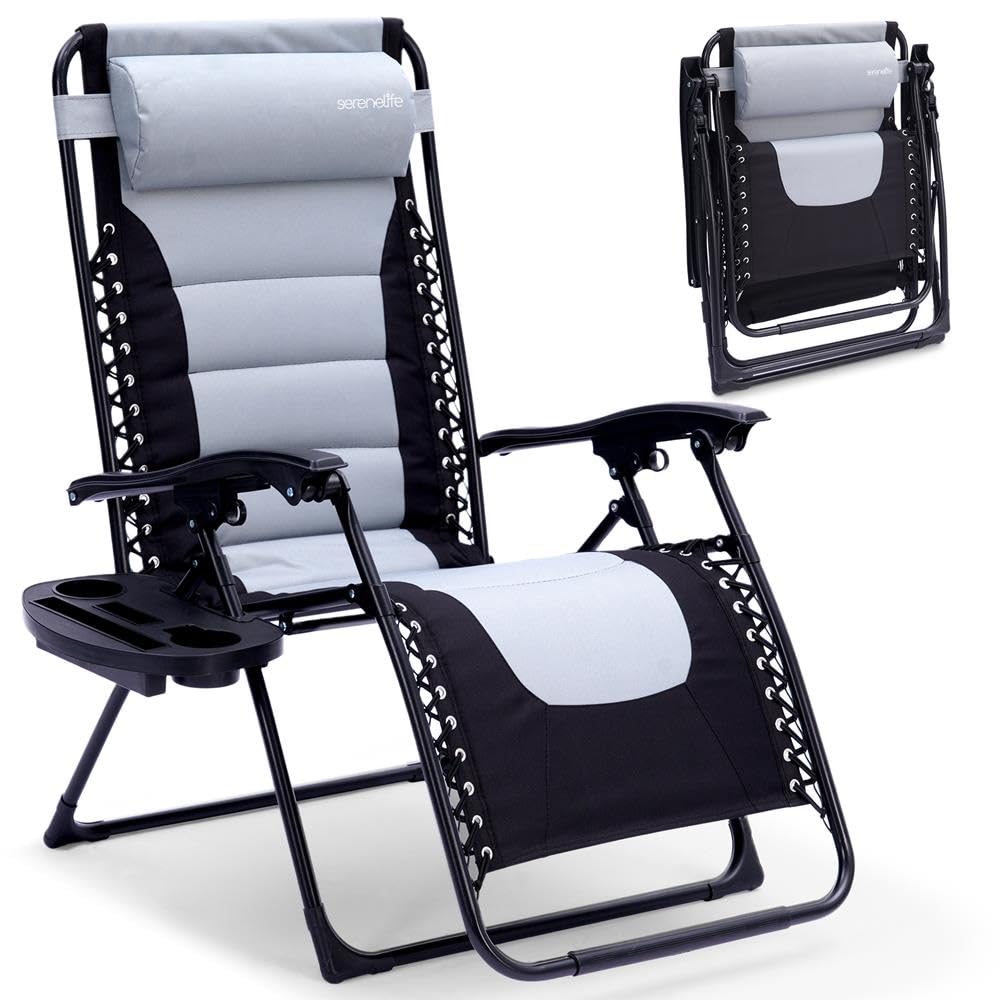 SereneLife Foldable Outdoor Zero Gravity Padded Lawn Chair, Adjustable Steel Mesh Recliners, w/Removable Pillows and Cup Holder Side Tables, Set of 2, Gray and Black