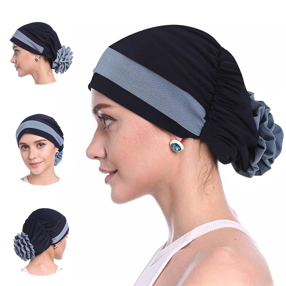 sannidhi Chemo Caps for Women, Flower Head Cap Hair Cap Turban, Cancer Caps for Women, Stylish Hair Wrap Cap, Stretchy Chemo Cap for Women Ladies - Navy Blue-picture-25