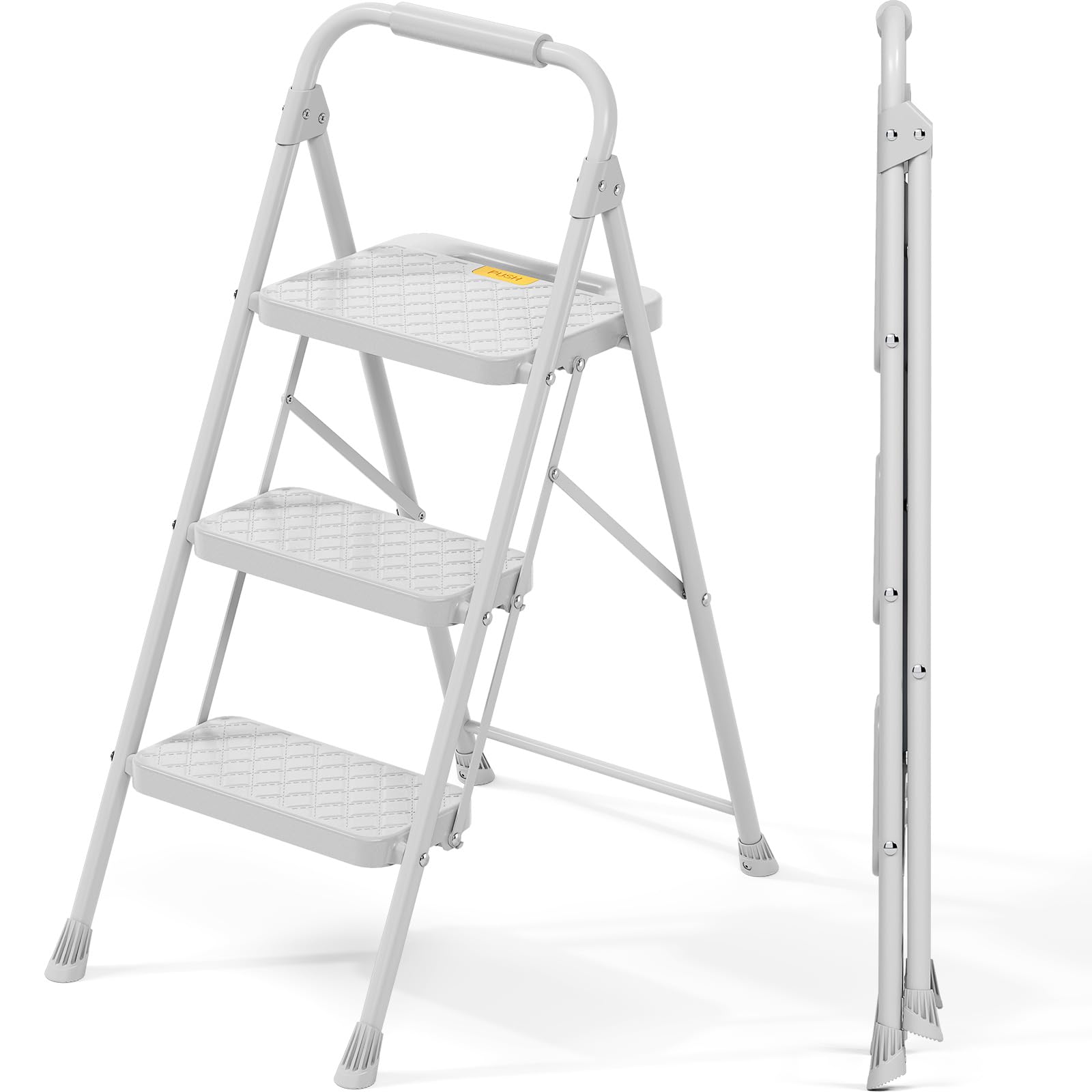 KINGRACK 3 Step Ladder, Folding Step Stool with Safety Lock & Sturdy Anti-slip Pedals, Pass 800lbs Load Testing, Lightwegiht, Portable Steel Ladder with Handrails for Home, Kitchen, Garage, Office