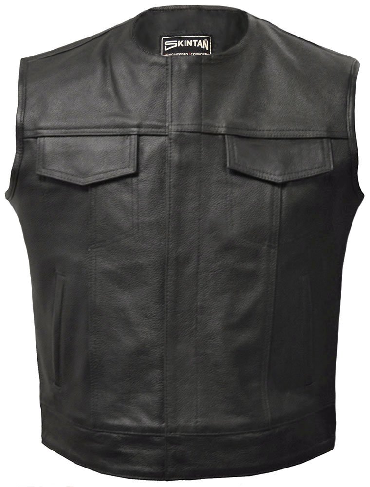 Skintan Men's Black Leather Biker Waistcoat Vest In Opie 4XL