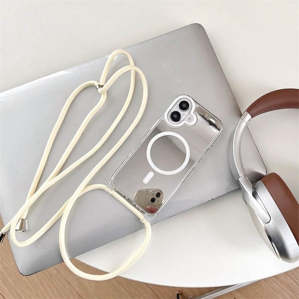 Naszyjnik Crossbody Smycz Lustrzane Magnetyczne Etui na Telefon Do iPhone 16 15 14 13 Pro Max Akrylowe Twarde PC Tylna Obudowa, Białe, Do iPhone 13Pro Max