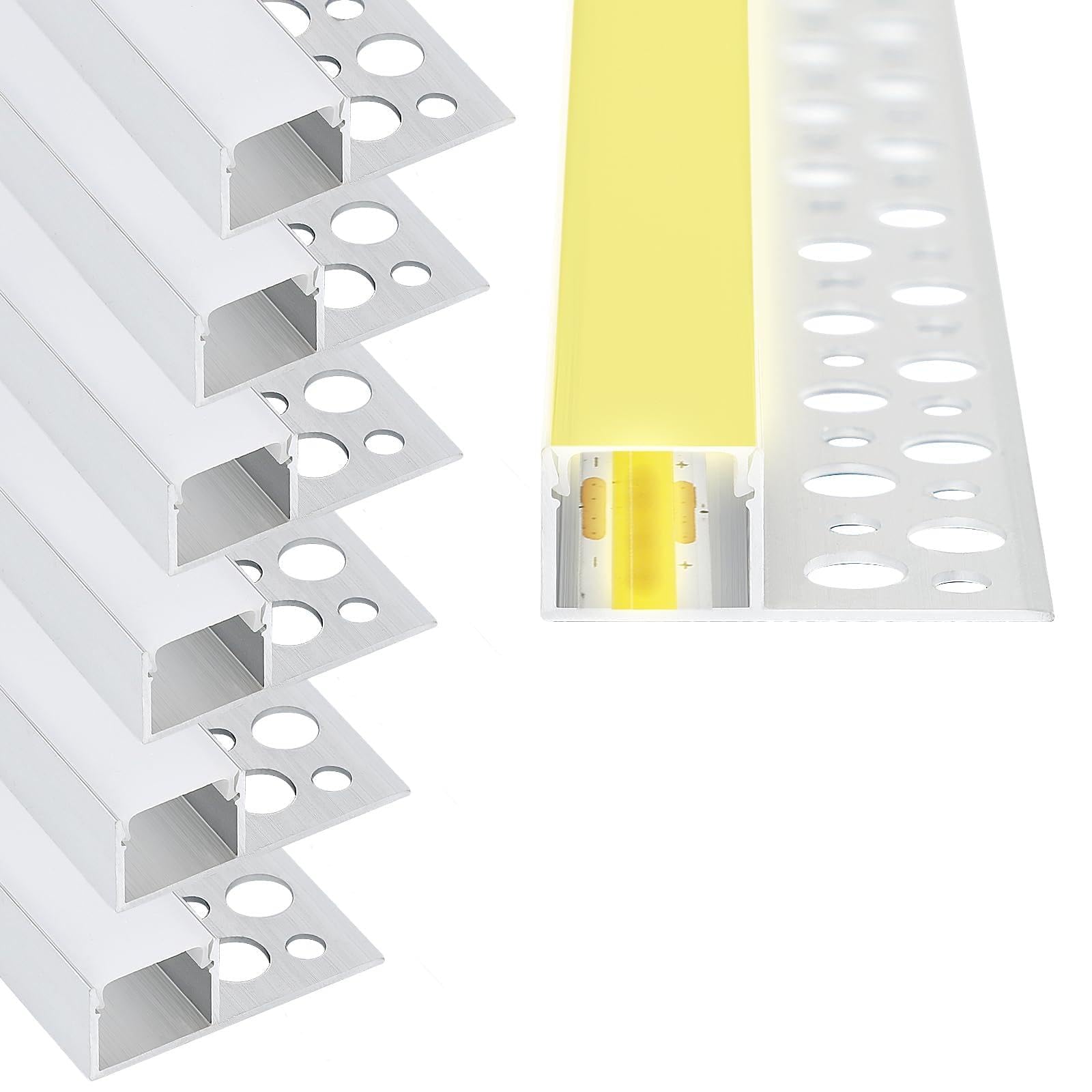 Profilé en aluminium pour panneaux de 1 m avec diffuseurs LED encastrés et couvercle blanc laiteux, 6 bandes de 1 m (B, pour bandes LED de 12 mm)