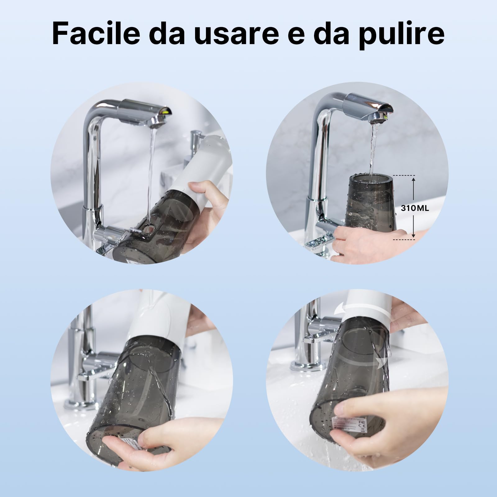 TUREWELL Idropulsore Dentale Portatile 310ML con 5 Modalità, 4 Ugelli, Irrigatore Orale Ricaricabile IPX7 Impermeabile per Casa e Viaggio, Migliora la Salute Dentale