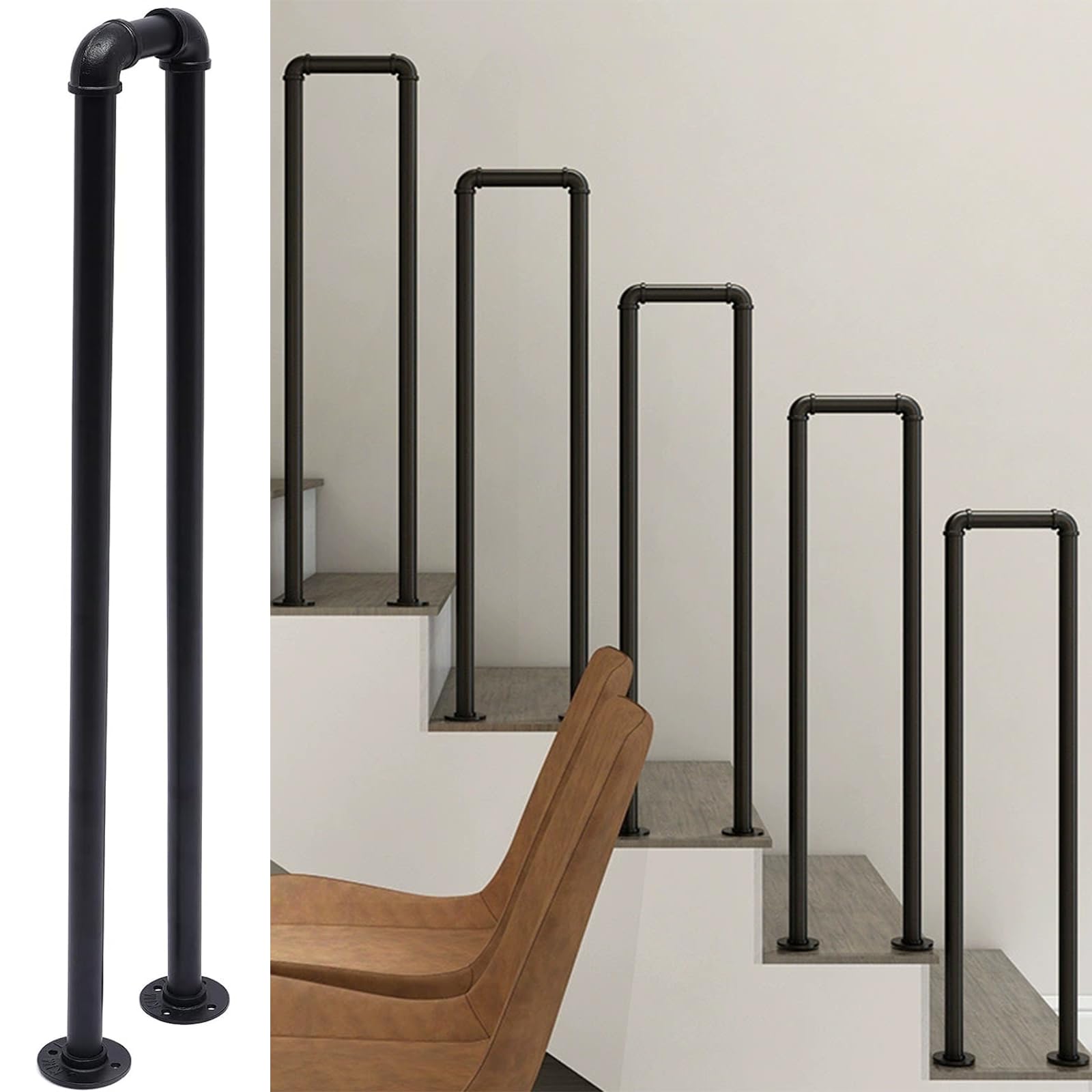 U-Shaped Handrails for Outdoor Steps, Floor Mounted Staircase Railing, U-Shaped Stair Railing, Hand Rail U Shape for Loft for Garden, Garage, Porch, Indoor and Outdoor.【Black,Round Corners,65cm】