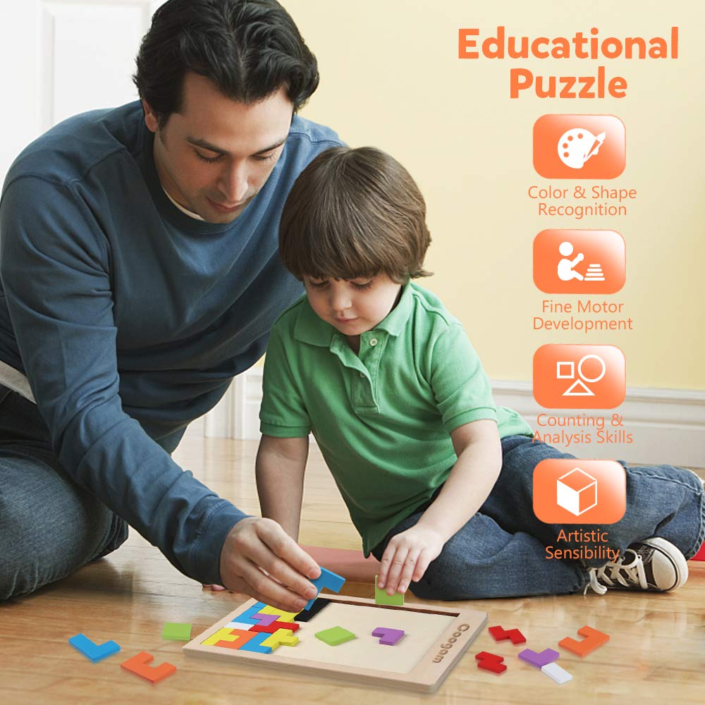 Coogam Wooden Blocks Puzzle Brain Teasers Toy Tangram Jigsaw Intelligence Colorful 3D Russian Blocks Game STEM Montessori Educational Gift for Kids (40 Pcs) image 1