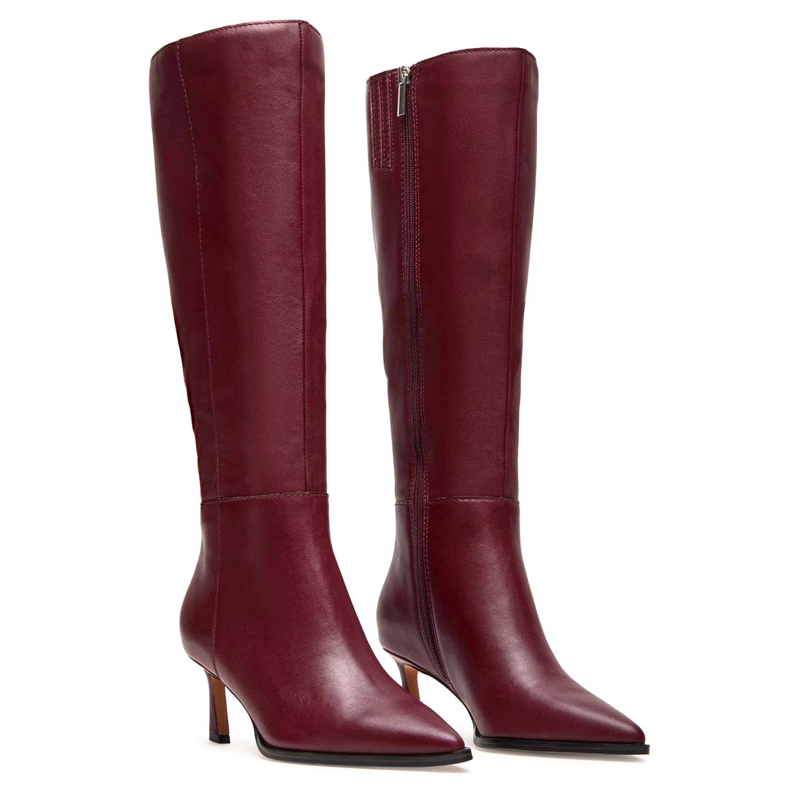 MICIFA Burgundy Kitten Heel Knee High Boots for Women Side Zipper Tall Leather Boots Pointed Toe Fall Dress