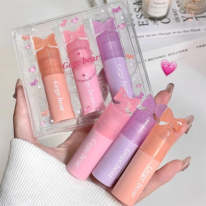 Gege Bear Fairy Water Lip Gloss | Non-Sticky Moisturizing Lip Tint with Mirror Shine Finish | Shades Including Nude Dream, Red Wine & Brown | Long-Lasting Waterproof Formula | Hydrating Liquid Lipstick with Brush Applicator | Korean Style Aesthetic Look for Women & Girls (Set-A (01,02&03), 2.5gX3)-image-33