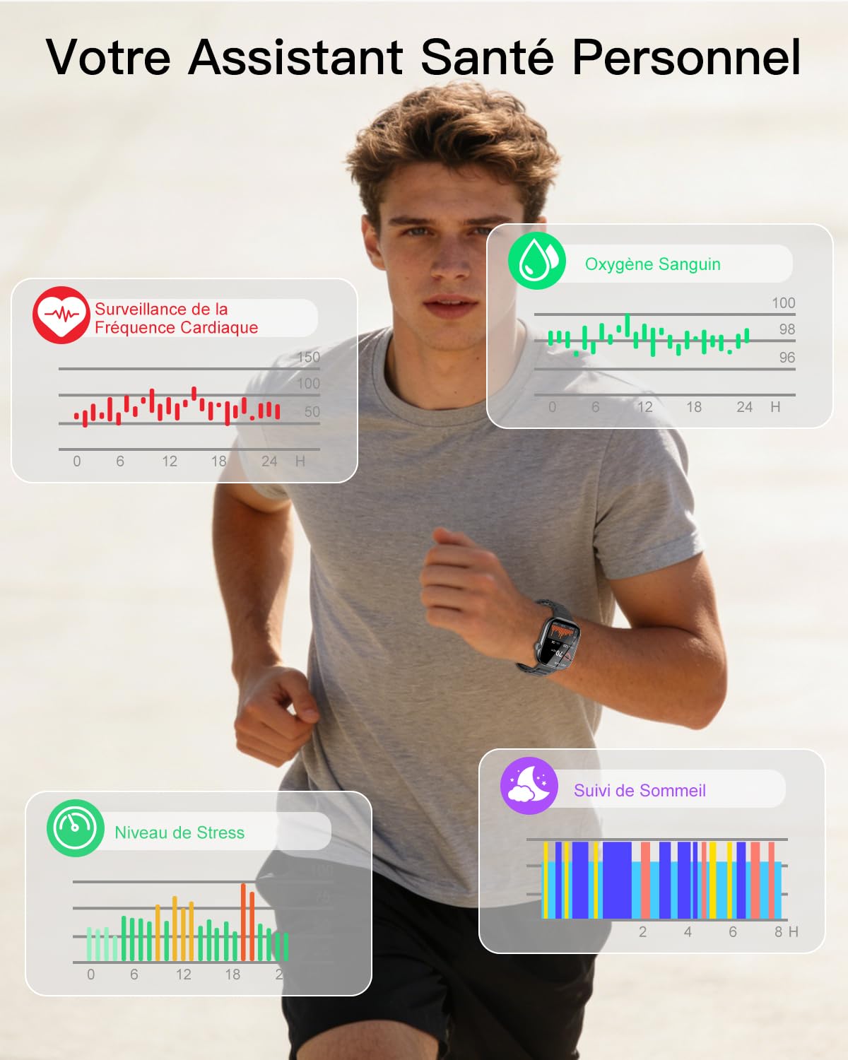 Marsyu Montre Connectée–Appels Bluetooth, Sport, Surveillance de la Santé | 1,83" HD Appels Notifications Musique. Suivi santé : fréquence cardiaque, SpO₂, sommeil et respiration, 100+ modes sportifs