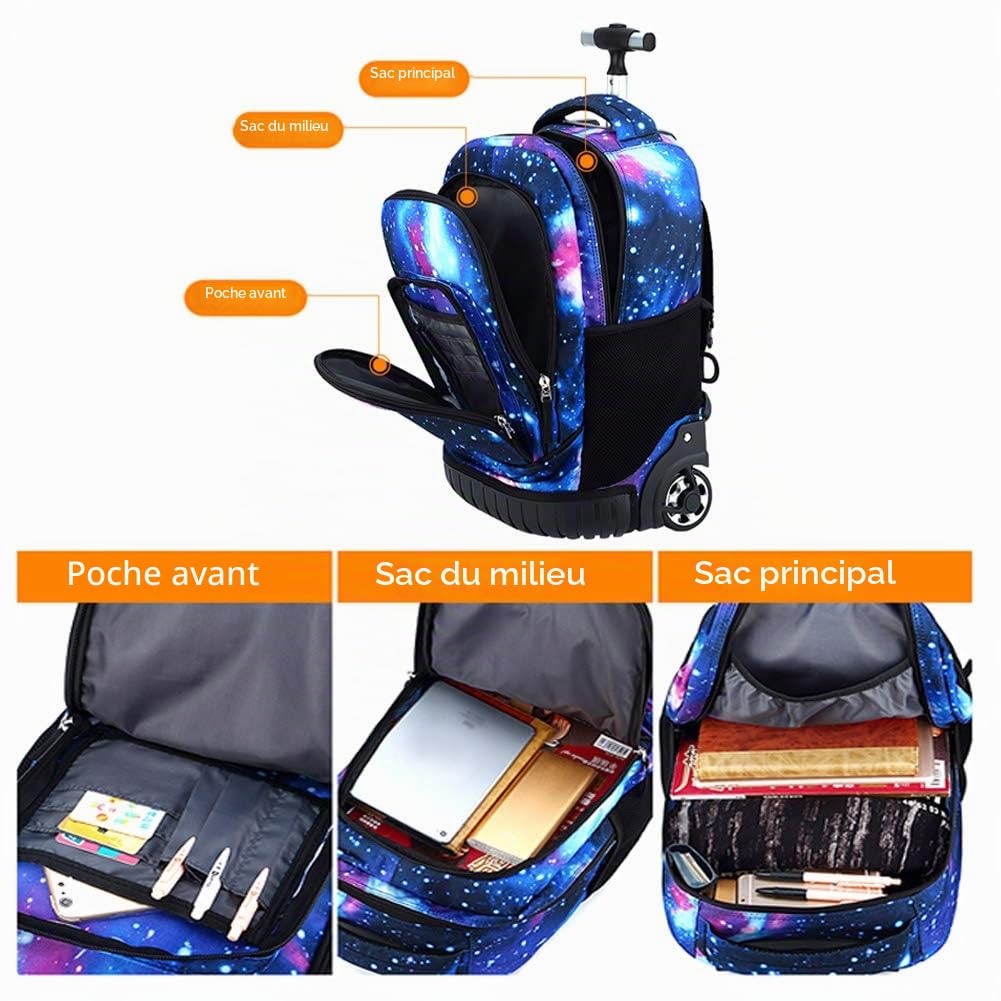 Cartable à Roulettes Backpack École pour Les Garçons et Les Filles Sac à Dos Roulant Bagages Enfants Sac De Voyage