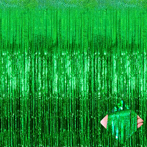 Image of 4 Pack 3.2Ft x 8.2Ft Green Foil Fringe Curtain Backdrop, Metallic Tinsel Foil Fringe Streamers Curtains Background for Photo Booth, Birthday, Wedding, Disco, Bachelorette, Christmas Party Decoration