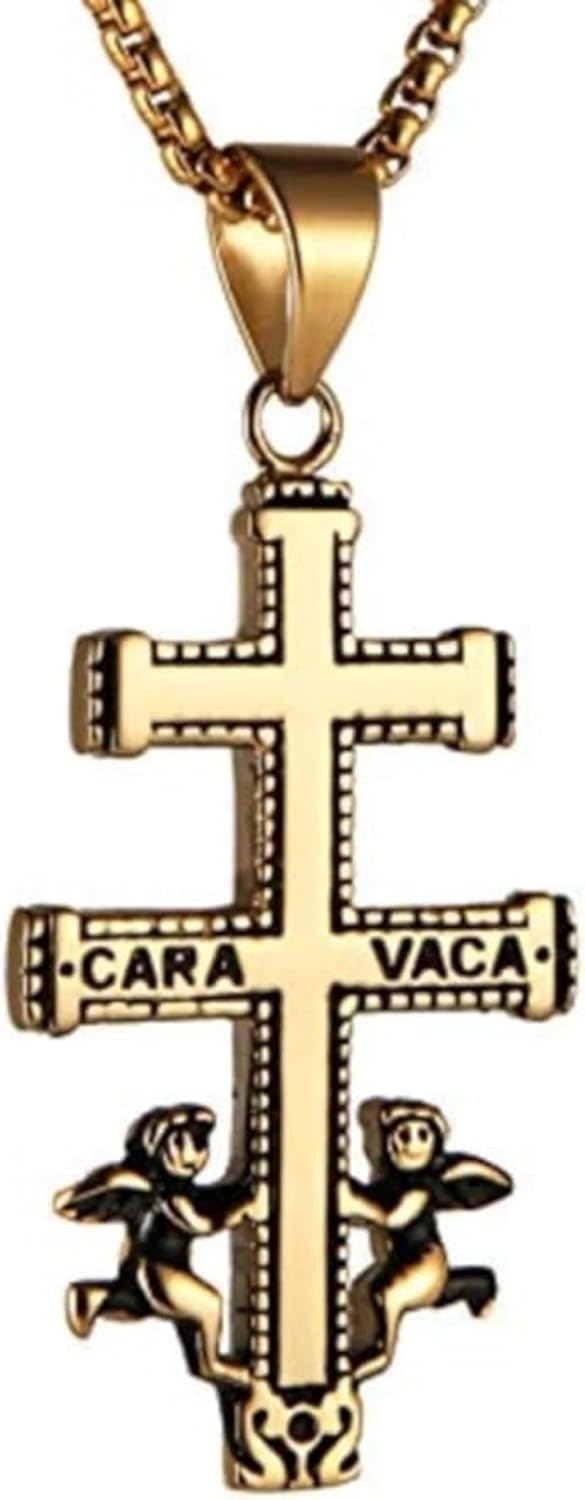 Religious Stainless Steel Cruz De Caravaca Double Cross Angels Pendant Necklace