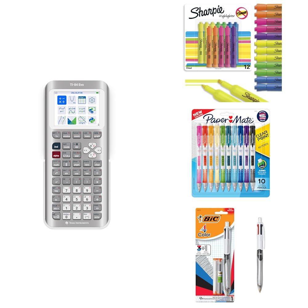 TI-84 Evo Graphing Calculator Bundle with Sharpie Tank Highlighters 12 Count, Paper Mate Clearpoint 0.7mm Pencils 10 Count & BIC 4-Color 3+1 Pen 0.7mm