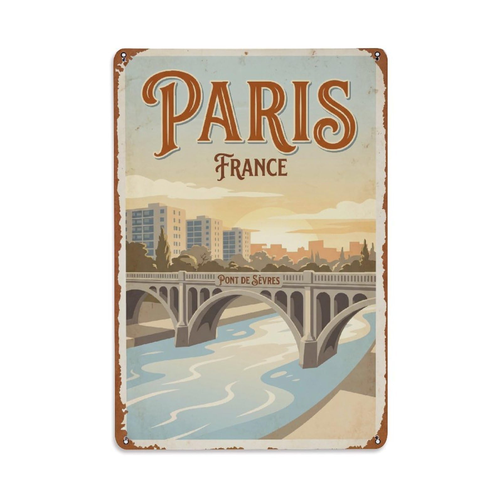 Vintage Travel Paris Pont De Sèvres Bridge Rusted France Metal Tin Sign Plaque Wall Decor for Cafe, Club Bar, Office, Home Garden Metal Poster 8x12Inch