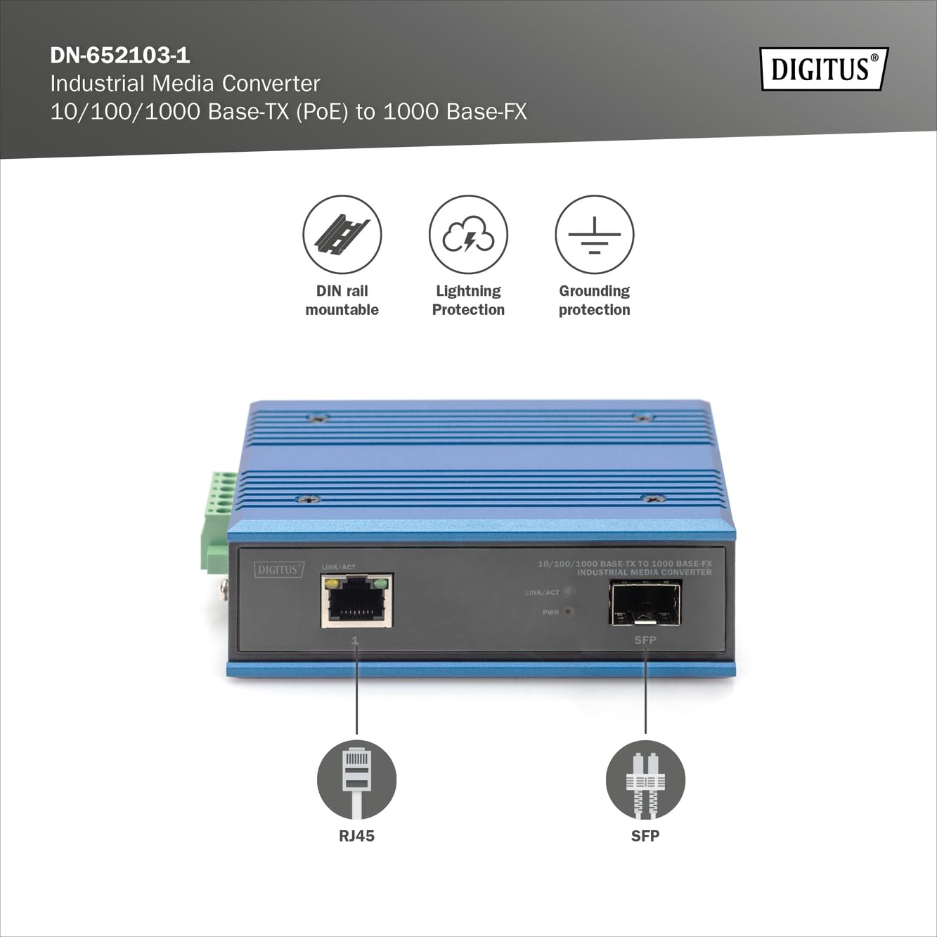 DIGITUS Convertisseur de média Industriel – RJ45 vers Port SFP