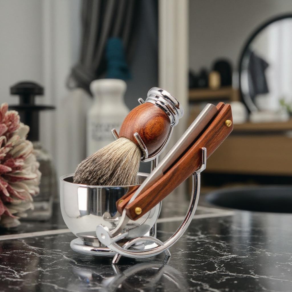 Grandslam Rasiermesser Kit, Stahl Cutthroat Rasiermesser mit Leder-Streichriemen, Rasierpinsel, Edelstahl Rasierschale und Ständer, Rasierseife, Geschenk für Männer
