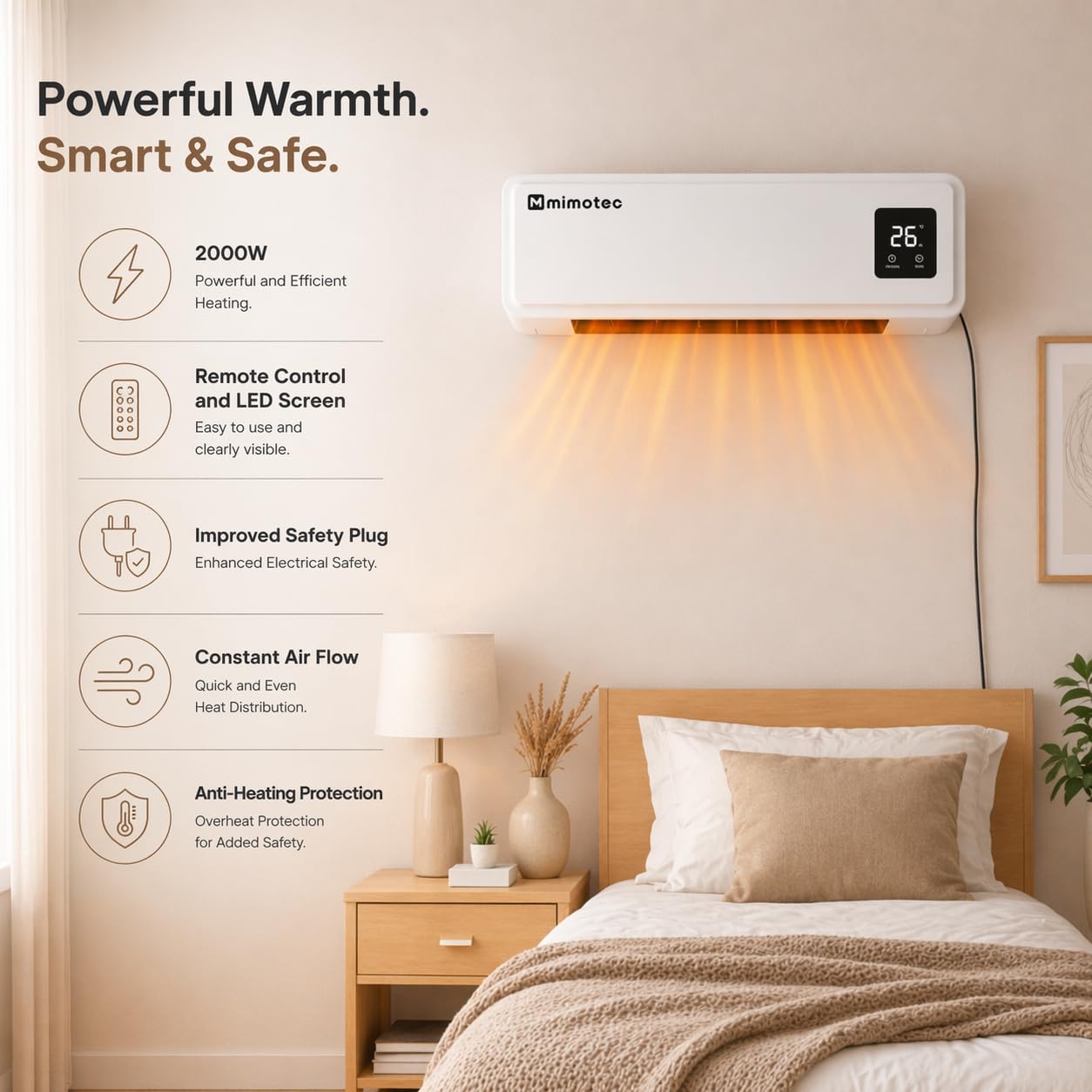 M mimotec - Chauffage mural électrique Muro 2000W, silencieux <45 dB, avec télécommande, écran LED et minuterie, IPX2 et anti-surchauffe, radiateur mural pour intérieur, Blanc