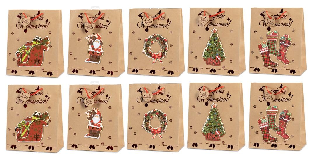 Laro Premium Line Geschenktüten Weihnachten/Kraftpapier/3D/Glanzbilder 10/20/40/100stk Größe: H 32 x B 26 x T 13 x cm Large, Anzahl:100, Muster Tüten:Weihnachten Kraftpapier 3D Glanzbilder