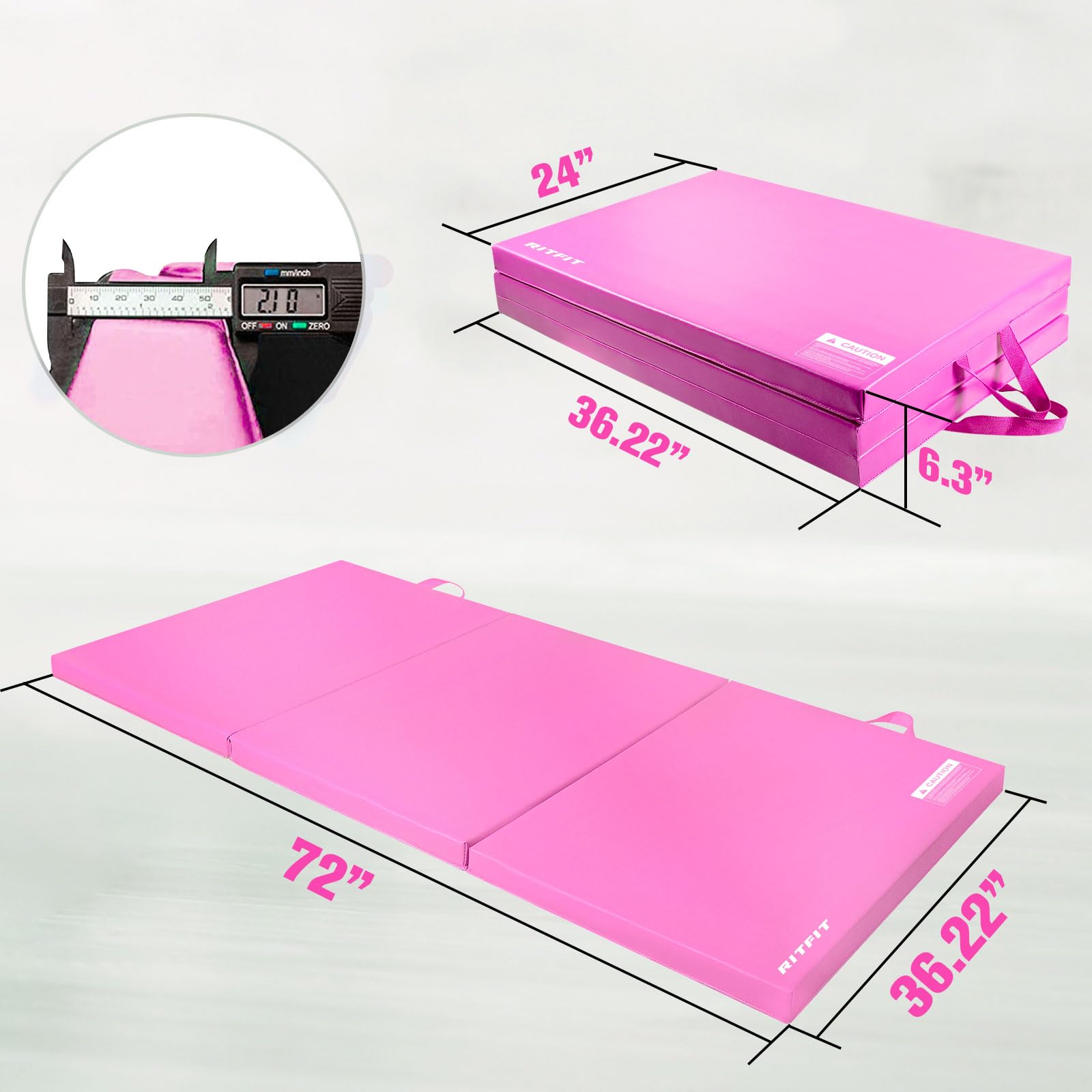 RitFit Upgrated Tri-Fold Folding Thick Exercise Mat 6’x3’ with Carrying Handles for MMA, Gymnastics, Stretching, Core Workouts (Pink(3' x 6'))
