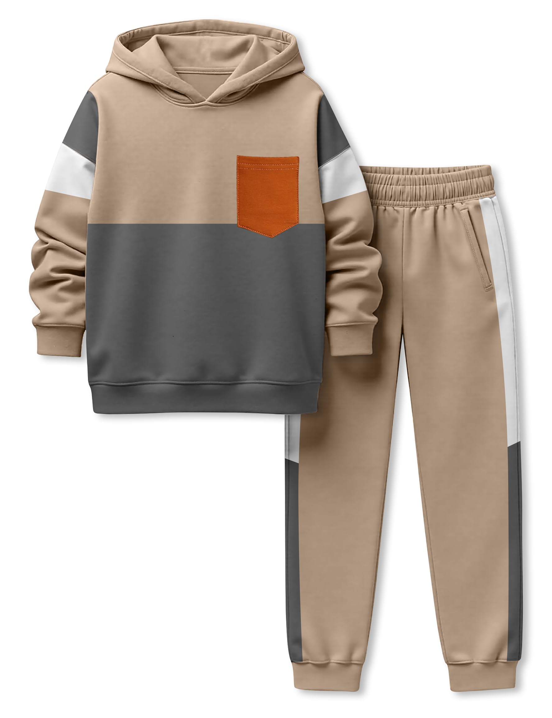 Boys Clothes Long Sleeve Color-blocked Hoodie Top and Pants 2PCS Winter Sweatsuits Fall Boys Outfits 2-8 Years 13-14 Years Brown and Gray