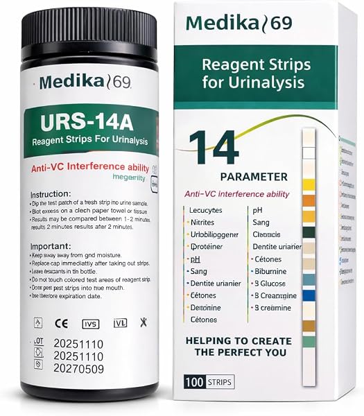 Bandelettes urinaires 14 en 1 – 100 tests – Analyse urine multi-paramètres – Glucose, protéines, pH, cétone, infection urinaire – Auto-test santé - 1