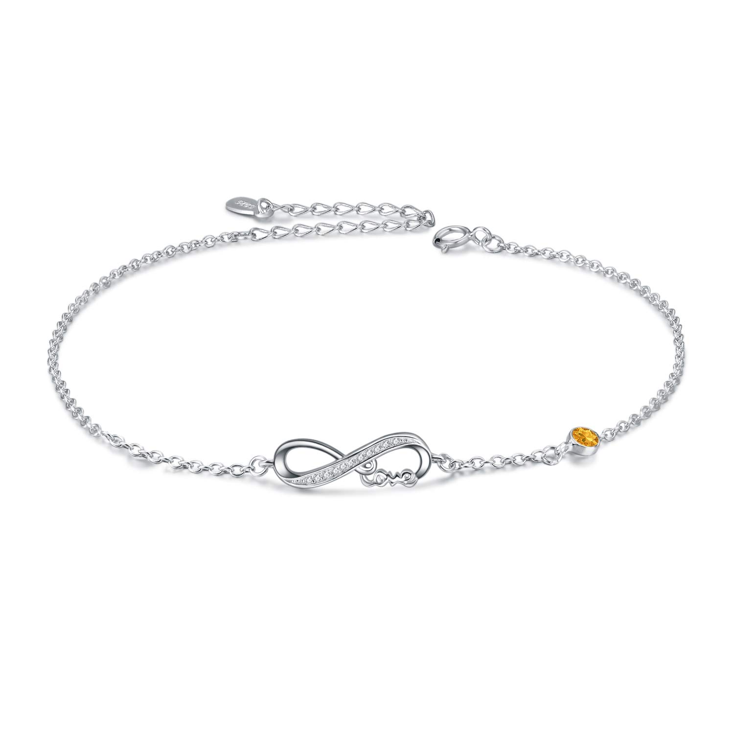 AOBOCO Infinity Armband Damen Sterling Silber 925 Unendlichkeitszeichen Armband Verstellbar Armkette mit Geburtsstein Kristallen