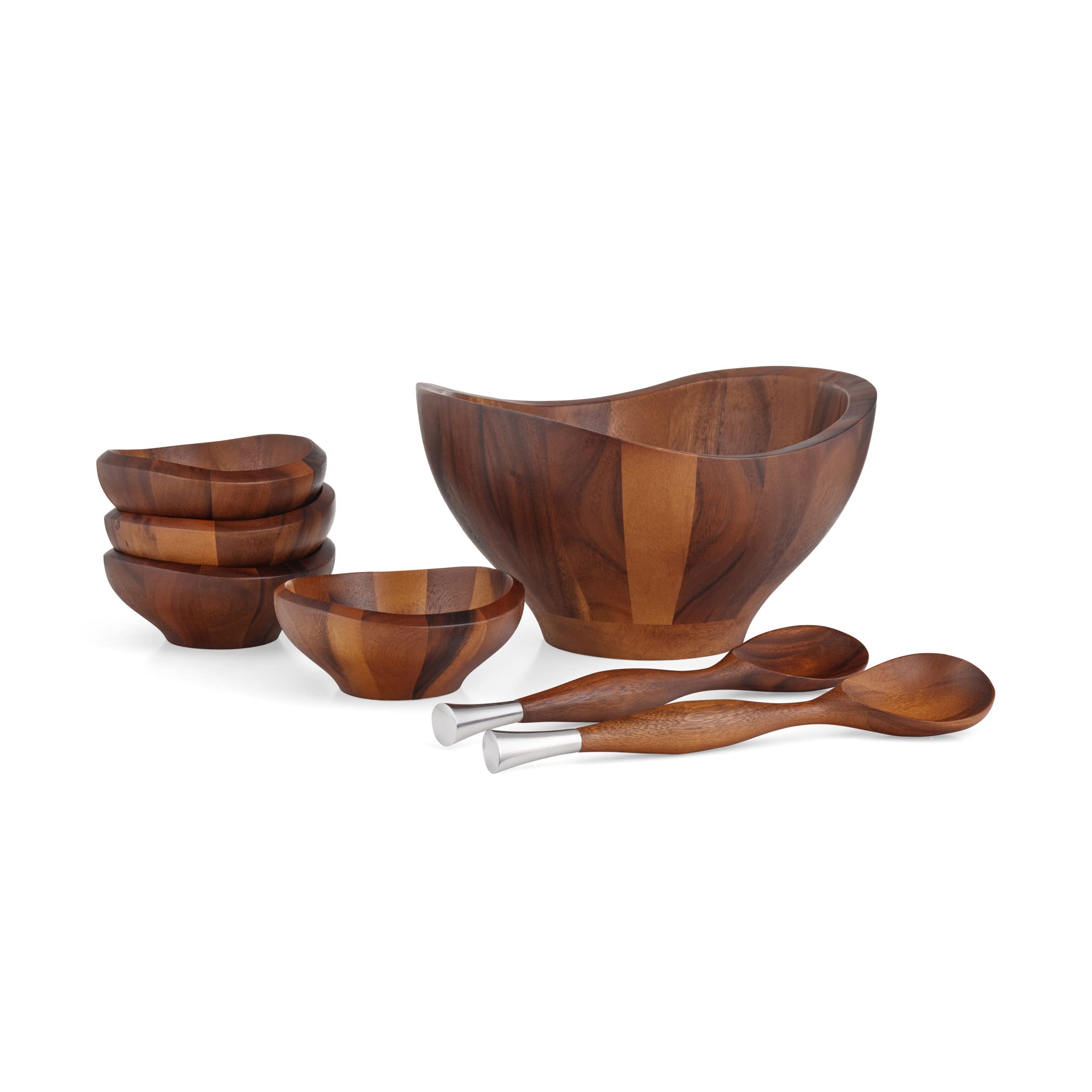 nambe Solstice Acacia Wood Salad Bowl with 2 Salad Servers and 4 Idividual Bowls | Made of Acacia wood and Nambe Alloy | Large Deep Wooden Bowls | Acacia Wood Salad Bowl Set