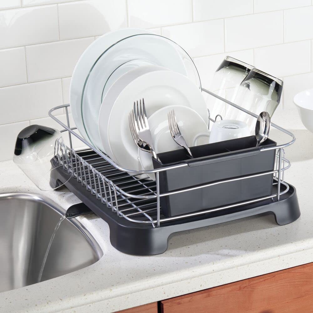 mDesign Égouttoir à Vaisselle en métal avec Plateau d'égouttage en Plastique, Porte-Couverts, égouttoir à Vaisselle et égouttoir pour la Cuisine, argenté/Noir