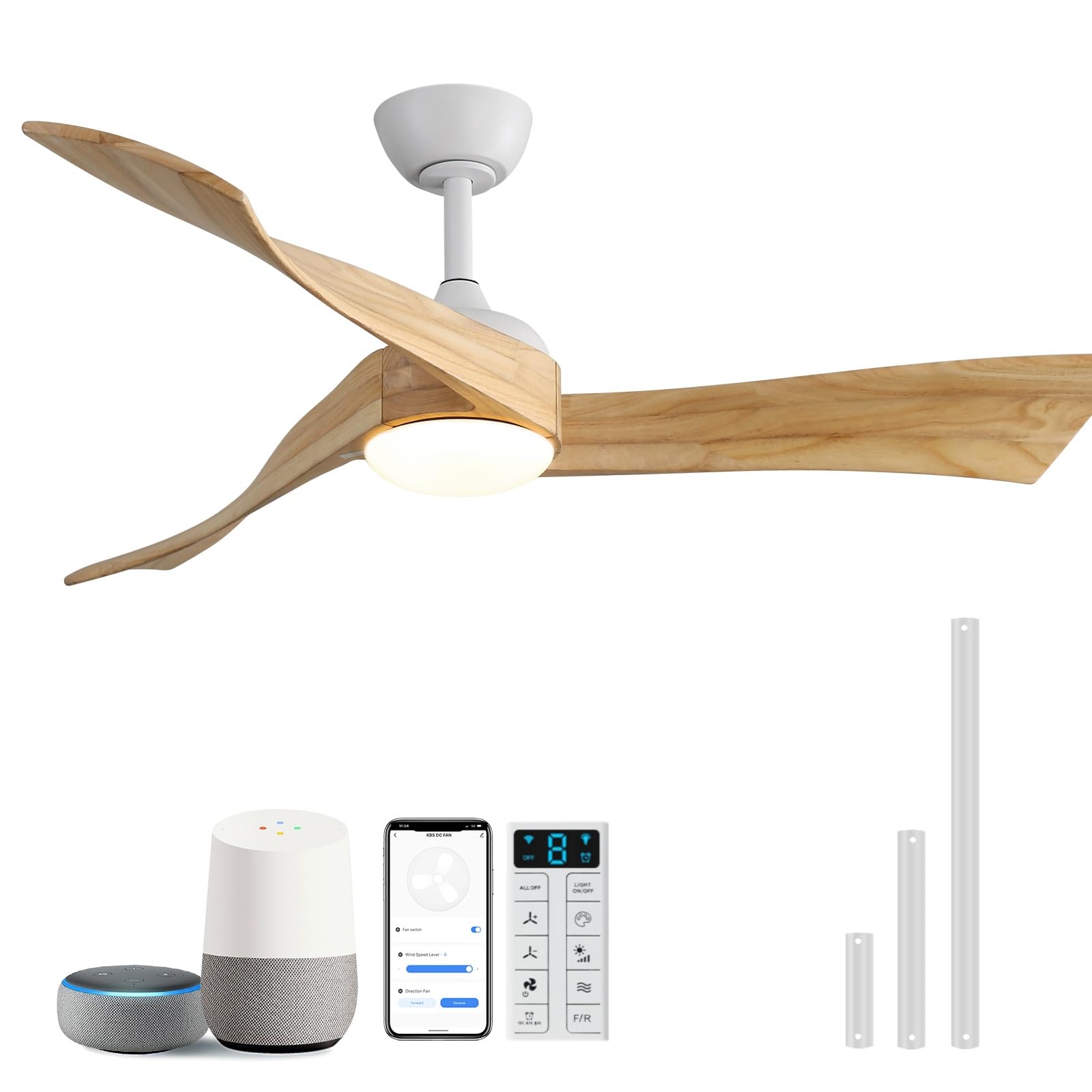 Sofucor 52 Inch Smart Ceiling Fans with Light-Modern Solid Wood Outdoor 3 Blades Ceiling Fan with Light Alexa/Google/APP/Remote Control for Bedroom Living Room Farmhouse, Quiet DC Motor, Natural Wood