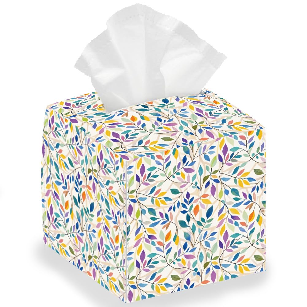 DELORIGIN Colorful Leaves Tissue Box Holder Leather Square Foldable Facial Paper Decorative Tissue Box Cover Paper Towel Case Container Organizer for Tabletop Bathroom Vanity Countertop Night Stands