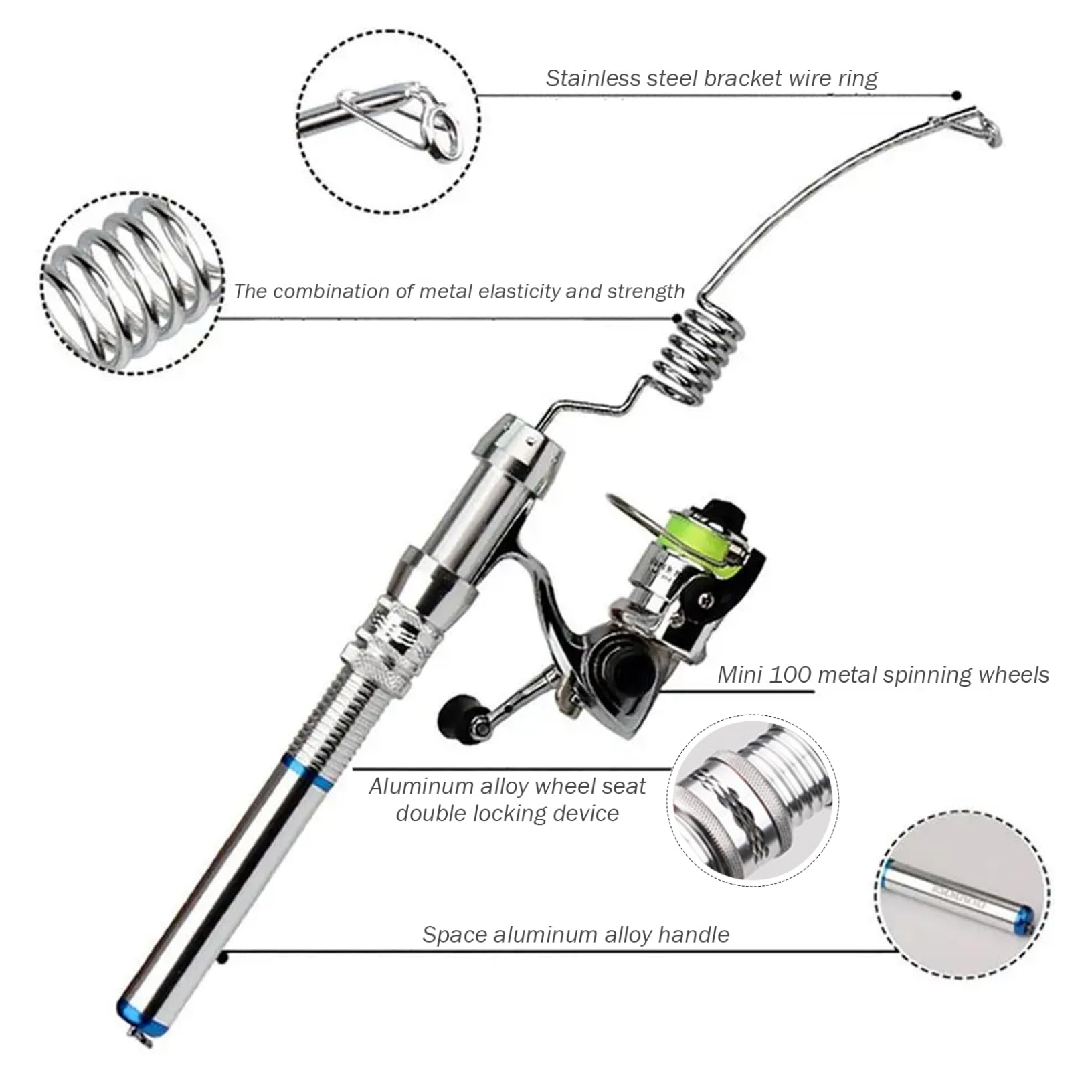 Mini-canne à pêche légère portable portable entièrement en métal mini-canne à pêche et bobine de pêche à la rouille en rouille et bobine de poche pour la pêche à la pêche à la glace du lac River, les