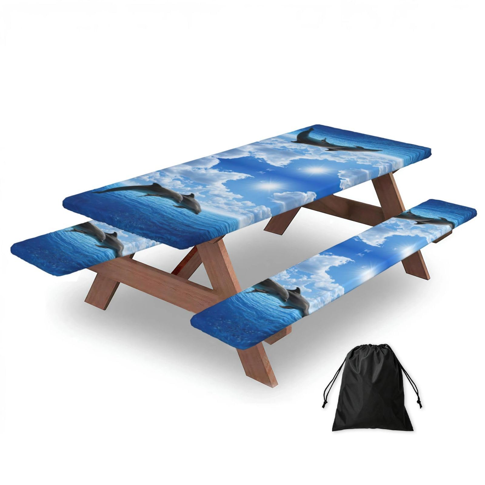 Zyjhyy Black Two Dolphins Print 3 Pack Wipeable Picnic Bench Cover And Table Cover Lightweight Table Cloth For Camping Outdoor